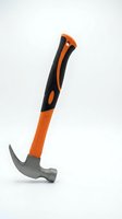 Claw hammer with orange and black rubber grip handle isolated on white background, a essential hand tool for construction and home repair projects.