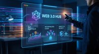 Professional businessman interacting with futuristic Web 3.0 hub interface displaying decentralized cloud, DeFi portfolio and security features in modern office.