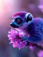 Ring-tailed lemur in magical purple and blue tones holding pink blossom branch against dreamy bokeh background, close-up wildlife portrait with vibrant colors.