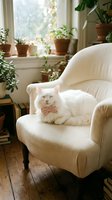 White fluffy cat wearing pink bow tie relaxing on cream armchair by sunny window with potted plants, cozy home interior design and pet lifestyle.