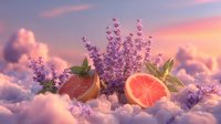 Lavender flowers and grapefruit slices floating on dreamy pink clouds at sunset, creating a surreal aromatic composition for wellness and relaxation.