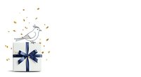 Young woman with long brown hair, wearing casual clothing, sitting cross-legged on white background. She holds a wrapped gift box with navy blue ribbon while a decorative bird perches on top, surrounded by floating gold confetti particles. Isolated design element suitable for greeting cards, invitations, and festive marketing materials.