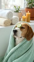 Relaxed beagle dog enjoying spa treatment with cucumber slice on eye, wrapped in green towel surrounded by candles and plants for wellness concept.
