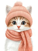 Adorable kitten wearing pink knitted winter beanie and scarf, with big expressive eyes and white fluffy fur on isolated background for greeting cards and prints.