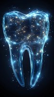 Glowing cosmic tooth with sparkling stars and luminous blue energy lines against dark background, dental care concept for medical and healthcare designs.