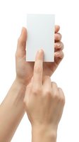 Hands holding blank white card isolated on white background, ready for custom design and branding mockups.