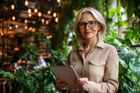 Mature blonde businesswoman in glasses and beige shirt using digital tablet in modern eco-friendly office with plants and warm lighting. Professional workplace interior.