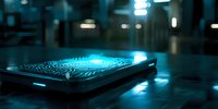 Glowing circuit board emits cyan light in dark environment, creating futuristic technological atmosphere with dramatic lighting and shallow depth of field.