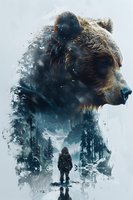 Double exposure art combining grizzly bear head with winter forest landscape and lone hiker silhouette. Moody atmospheric composition in blue tones creates dramatic wilderness scene.
