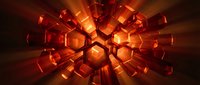 Glowing red and orange hexagonal shapes radiating outward with intense light rays creating a dynamic, futuristic tunnel effect. Use for tech backgrounds, digital design, and modern graphics.