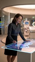 Middle-aged woman with dark hair wearing black business attire interacting with futuristic holographic display table in modern tech laboratory or museum setting with ambient lighting.
