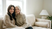 Young brunette woman and mature blonde woman embracing on beige sofa in bright living room, representing intergenerational friendship and family bonds.