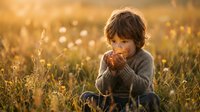 Young boy with curly hair sitting in golden meadow at sunset, smelling flower in peaceful natural setting for childhood and nature concepts.