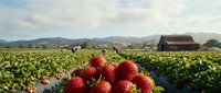 Fresh ripe strawberries harvested from organic farm field with mountains and barn in background during golden hour sunset for healthy eating concepts.