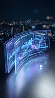 Futuristic holographic trading screens displaying financial data and stock market charts with city skyline background for business technology concepts.