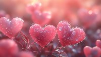Pink heart-shaped leaves with water droplets in soft morning light create romantic nature macro composition, suitable for Valentine's Day or wedding designs.