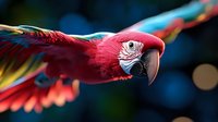 Scarlet macaw in flight showing vibrant red plumage and extended wings against dark blue background, displaying natural grace and power of exotic birds in motion.