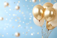Golden and white party balloons against light blue background with festive bokeh lights and copy space for celebration designs and greeting cards.