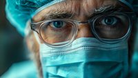 Close up view of medical professional wearing protective surgical mask, glasses and cap in hospital setting with intense focused gaze and dramatic lighting.