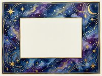 Celestial night sky frame with golden stars, moon and cosmic swirls surrounding blank white space for text or design elements on isolated background.