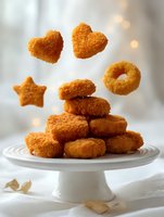 Golden crispy chicken nuggets in fun shapes stacked on white cake stand with heart, star and ring pieces floating above against soft bokeh background.