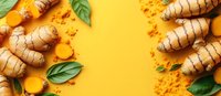Ginger root and turmeric powder arranged on bright yellow background with fresh green leaves and sliced pieces for culinary and wellness content.