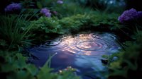 Tranquil garden pond with gentle ripples reflecting golden sunset light, surrounded by lush green foliage and purple flowering plants creating serene nature atmosphere.