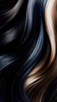 Flowing strands of black, silver-blue and brown hair creating smooth wavy lines against dark background, showcasing different hair color variations and textures.