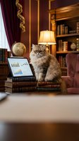 Fluffy tabby cat sitting on business books next to laptop displaying financial charts in elegant home office library with warm lighting and burgundy decor.