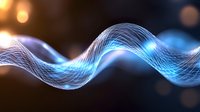 Glowing blue wave lines with light effects on dark background create dynamic flowing motion pattern for technology and science designs.