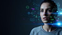 Young woman with digital interface overlay and holographic data projections representing artificial intelligence and future technology concepts.
