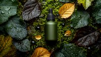 Green cosmetic dropper bottle on dark wet leaves and moss background, natural skincare concept with autumn foliage and water drops for organic beauty product photography.