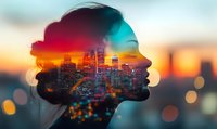 Female silhouette profile with double exposure effect showing vibrant city skyline at sunset, blending urban nightlife with dreamy bokeh lights in turquoise and orange tones.