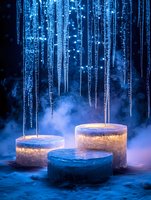 Glowing ice pedestals with hanging icicle lights in mystical blue fog create magical winter atmosphere for product display or holiday decoration.