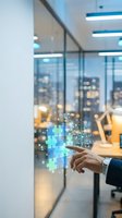 Businessman in formal attire interacting with glowing digital puzzle pieces on glass surface in modern office with city skyline view, representing problem-solving and innovation.