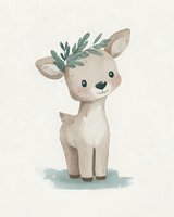 Cute baby deer with green leaves crown watercolor illustration for nursery decor and children design projects.