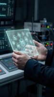 Hands holding transparent digital tablet displaying network connectivity icons in modern industrial control room with monitoring equipment and data screens.