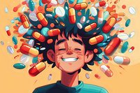 Happy Asian male character surrounded by exploding colorful medicine pills and capsules against orange background, cartoon style illustration for healthcare concepts.