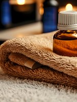 Amber glass essential oil bottle on soft towels with warm candlelight creating relaxing spa atmosphere. Perfect for wellness and aromatherapy marketing.