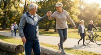 Active senior couple exercising together in sunny park with walking sticks, promoting healthy lifestyle and fitness for elderly people in outdoor setting.