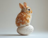 Adorable ginger dwarf rabbit sitting on large speckled white egg against neutral background. Whimsical Easter composition perfect for holiday cards and spring designs.