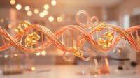 Glowing DNA helix with warm golden lights and bokeh background, representing genetic research, biotechnology, science education, and molecular biology concepts.
