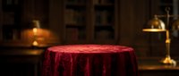 Elegant red velvet tablecloth draped over round table in warm ambient restaurant interior with soft golden lighting and blurred background.