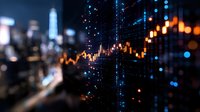 Financial market data visualization with glowing orange candlestick chart overlaid on blurred urban nighttime cityscape showing stock trading analysis and price movements.