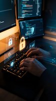 Cybersecurity specialist working on laptop with digital security icons and code on multiple monitors in dark office environment for data protection.