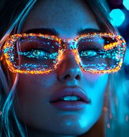 Young woman wearing illuminated glasses with magical sparkles in neon blue lighting, close up portrait showing lips and nose with dreamy atmospheric effect.