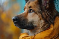 Portrait of mixed breed dog with striking blue eyes and brown fur against autumn background, close-up view showing noble profile and alert expression.