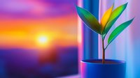 Young green plant growing in blue pot against vibrant sunset background with gradient colors and sun. Wellness and growth concept for meditation and mindfulness practices.