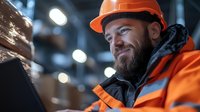 Smiling bearded warehouse worker in orange safety vest and hard hat checking inventory in modern distribution center with bokeh lighting effects.