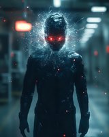 Mysterious figure with glowing red eyes and electric energy surrounding head stands in dark corridor, sparks and particles creating dramatic sci-fi atmosphere.